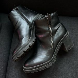 Now or Never Buckle black leather chunky platform heels boots